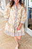 Khaki Plus Size Floral Print Striped Trim Patchwork Button Down A-line Dress