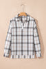 White Plaid Print Collared V Neck Loose Blouse with Side Slits