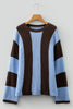 Fushia Striped Color Block Thermal Textured Knit Drop Shoulder Sweater