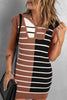 Black Stripe Color Block Quarter Zip Collar Short Sleeve Sweater Dress