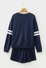 Navy Blue Varsity Striped Sleeve Drop Shoulder Sweatshirt and Short Set