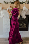 Evergreen Velvet Short Sleeve Shirred Waist Tiered Maxi Dress