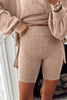 Dark Khaki Ribbed Balloon Sleeve Pullover Top and Biker Knitted Short Set