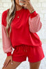 Red Plaid Patchwork Long Sleeve Top Solid Drawstring Shorts Set