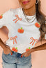 White Sequin Chenille Pumpkin Bow Pattern Casual Short T Shirt