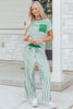 Sky Blue Stripe Crew Neck Tee Drawstring Waist Cropped Pants Set