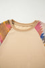 Light French Beige Aztec Patchwork Raglan Pullover Sweatshirt