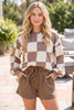 Red Checkerboard Plaid Long Sleeve Solid Color Shorts 2pcs Set