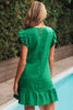 Dark Green Textured Flutter Sleeve Ruffled Mini Dress