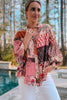 Red Boho Geometric Mixed Print Patchwork Bubble Sleeve Shirt