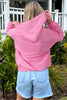 Sachet Pink Solid Color Ribbed Zip Up Drawstring Hooded Jacket