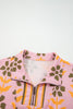 Pink Floral Print Zip Neck Striped Patchwork Long Sleeve Drawstring Dress