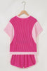 Rose Red 3D Spiral Ribbed Texture 2 Tones Patchwork Short Set