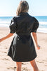 Black Button Up Tie Waist Puff Sleeve Mini Dress