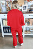 Fiery Red Polo Collar V Neck 3/4 Sleeve Pullover Drawstring Bell Bottom Pants 2pcs Set