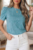 Turquoise Mineral Wash Western Embroidered Detail Short Puff Sleeve Cotton Tee