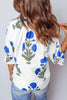Sky Blue Casual Wild Flower Print V Neck 3/4 Sleeve Blouse