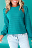 Sea Green Trendy Pattern Knit Ribbed Cuffs Crew Neck Sweater