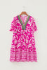 Rose Boho Mixed Print Contrast Trim V Neck Short Sleeve Flared Dress