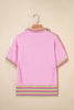 Pink Rainbow Stripe Ribbed Patchwork Raw Seam Oversize Polo Tee