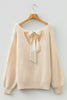 Jet Stream Ribbed Knit Ribbon Knot Backless Drop Shoulder Sweater