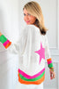 White Star Pattern Colorblock Striped Edge Drop Shoulder Sweater