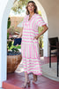Pink Stripe Ricrac Trim Notched Neck Half Sleeve Vacation Dress