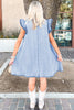 Beau Blue Double Ruffled Sleeves Buttoned A-line Collared Mini Denim Dress