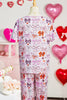 Pink Diverse Bows Buttons Printed Contrast Trim Short Sleeve Shirt Pajama Pant Set