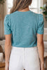 Turquoise Mineral Wash Western Embroidered Detail Short Puff Sleeve Cotton Tee
