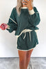 Evergreen Color Contrast Loose Pullover and Lace-up Waist Skirt Set