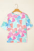 Sky Blue Bowknot Printed Waffle Crewneck Loose Short Sleeve Top