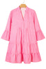 Pink Stripe Flare Sleeve Half Placket Tiered Flowy Mini Dress