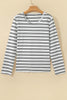 Beige Stripe Ribbed Knit Round Neck Long Sleeve Top