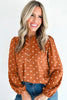 Brown Polka Dot Half Button V Neck Long Sleeve Blouse