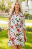 Red Floral Contrast Striped V Neck Puff Half Sleeve Shift Dress