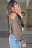 Beige Solid Color Waffle Knit Asymmetric Neck Long Sleeve Top