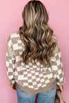 Khaki Checkered Print Drop Shoulder Round Neck Sweater