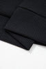 Black Waffle Knit Denim Contrast Trim Patchwork Button Polo Collar Top