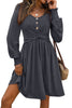 Chestnut Shirred Cuff Long Sleeve Button Round Neck Mini Dress