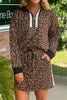 Khaki Leopard Print Quarter Zip Long Sleeve Top Mini Skirt Set