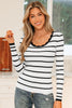 Black white Scalloped Trim U Neck Striped Ribbed Slim Sweater