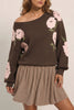 Dark Brown Floral Print Drop Shoulder Relaxed Pullover Sweater