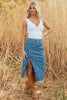 Sky Blue Leopard Denim Frayed Split Denim Midi Skirt