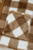 Brown Checkered Sherpa Loose Knit Cardigan with Pockets