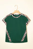 Sea Green Leopard Trim Round Neck Loose T Shirt