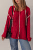 Racing Red Color Contrast Trim Textured Knit Drawstring Hooded Sweater