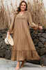 Chestnut Smocked V Neckline Leopard Piping Accent Bracelet Plus Size Long Dress
