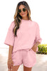 Light Pink Solid Color Exposed Seam Mock Neck Oversize Tee Casual Shorts 2pcs Outfit