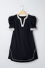 Black Leopard Trim Notched Neck Short Puff Sleeve Shift Mini Dress